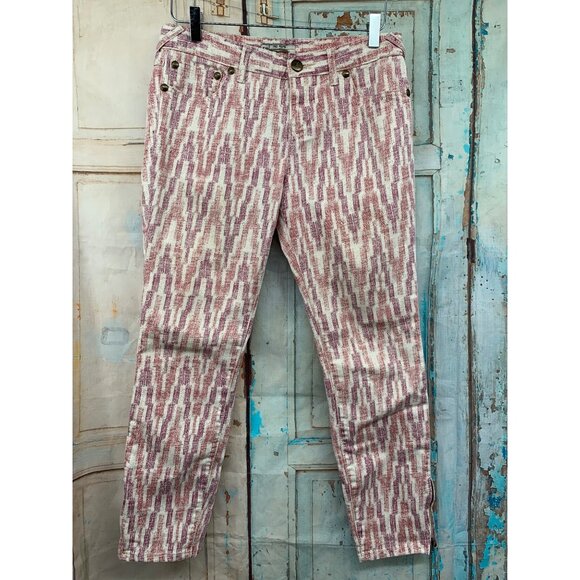 Free People Womans W29 Jeans Ikat Chevron Cream Red Pink Crop Skinny Low Rise Cr - Picture 1 of 8